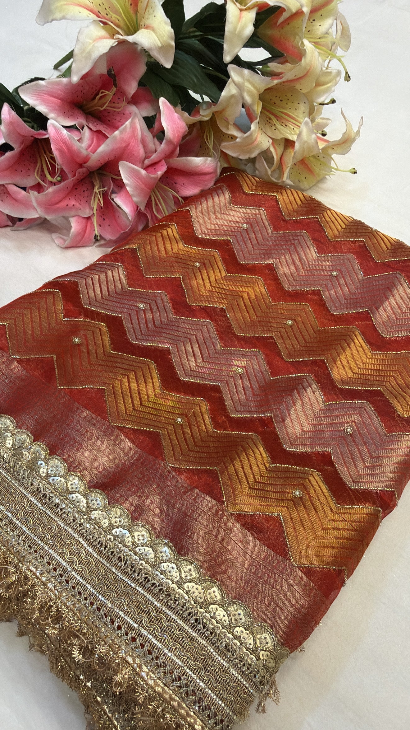Tomato red husn tissue silk hand embroidered kadhwa saree